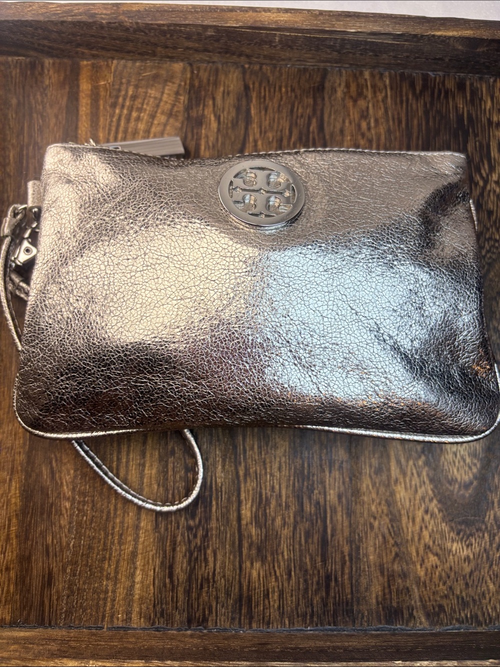 Tory Burch Silver Metallic Wristlet Clutch with Logo Medallion